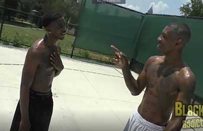 Special guest "porn stars" Knockout and Staxx face off on the basketball court in a game of "horse" where the loser has to give the winner some ASS.