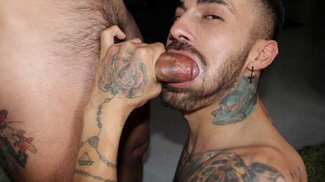 Sexy cocksucker Matthew Grande perks an eye when Johnny Castro drops his pants as they sit facing each other. Matthew sees just the kind of cock he wants to swallow.