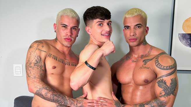 Our resident sexy Blue Eyed Twink Jay Magnus was craving some big BRAZILIAN DICK! These 2 hot studs Tag Teamed that tight pink hole into submission, watch as they use all of his holes for their pleasure!